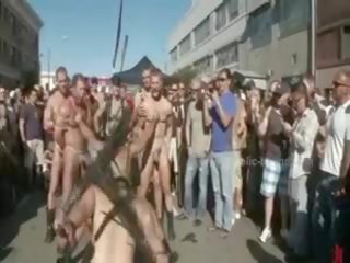 Public Plaza With Stripped Men Prepared For Wild Coarse Violent Gay Group dirty movie film